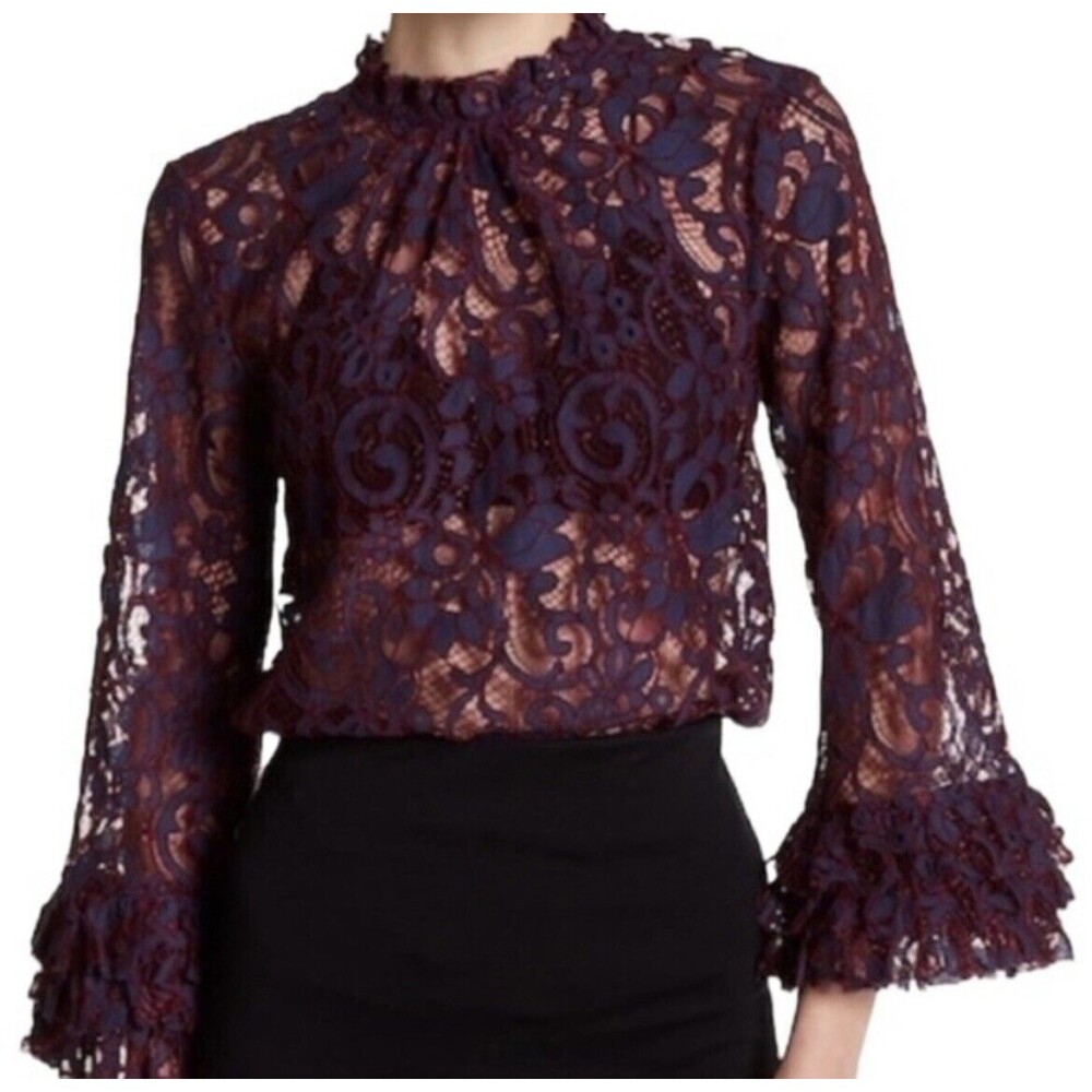 Willow & Clay Purple Navy High Neck Lace Shirtโ Ruffle Cuffs Size XS Holiday